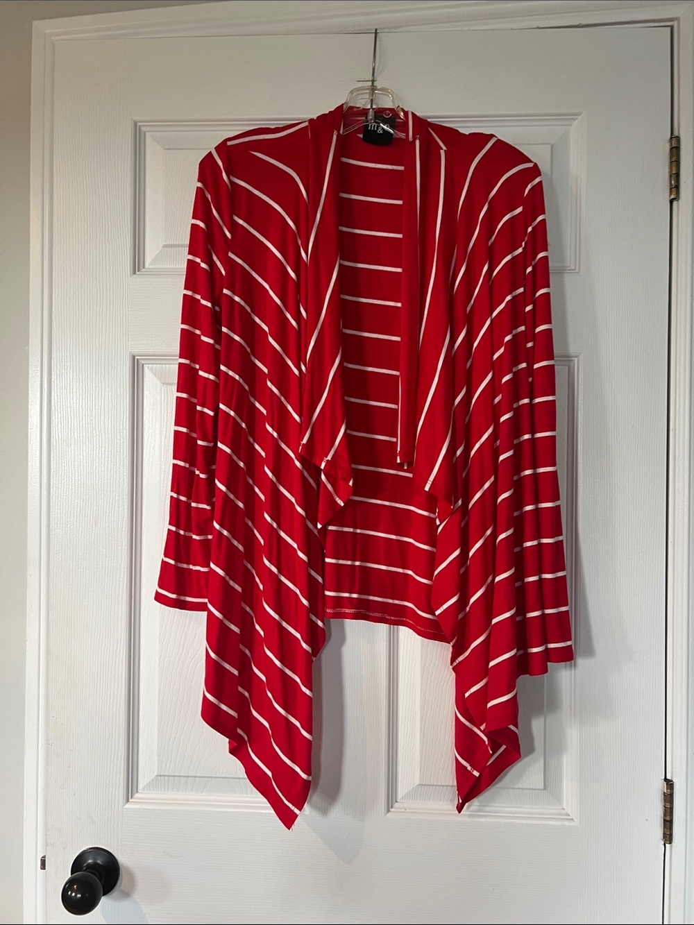 Women’s Red & White Striped Open-Front Draped Cardigan - Classic Layering